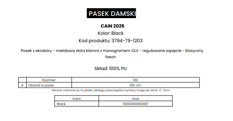 PASEK CAIN BLACK / 100CM